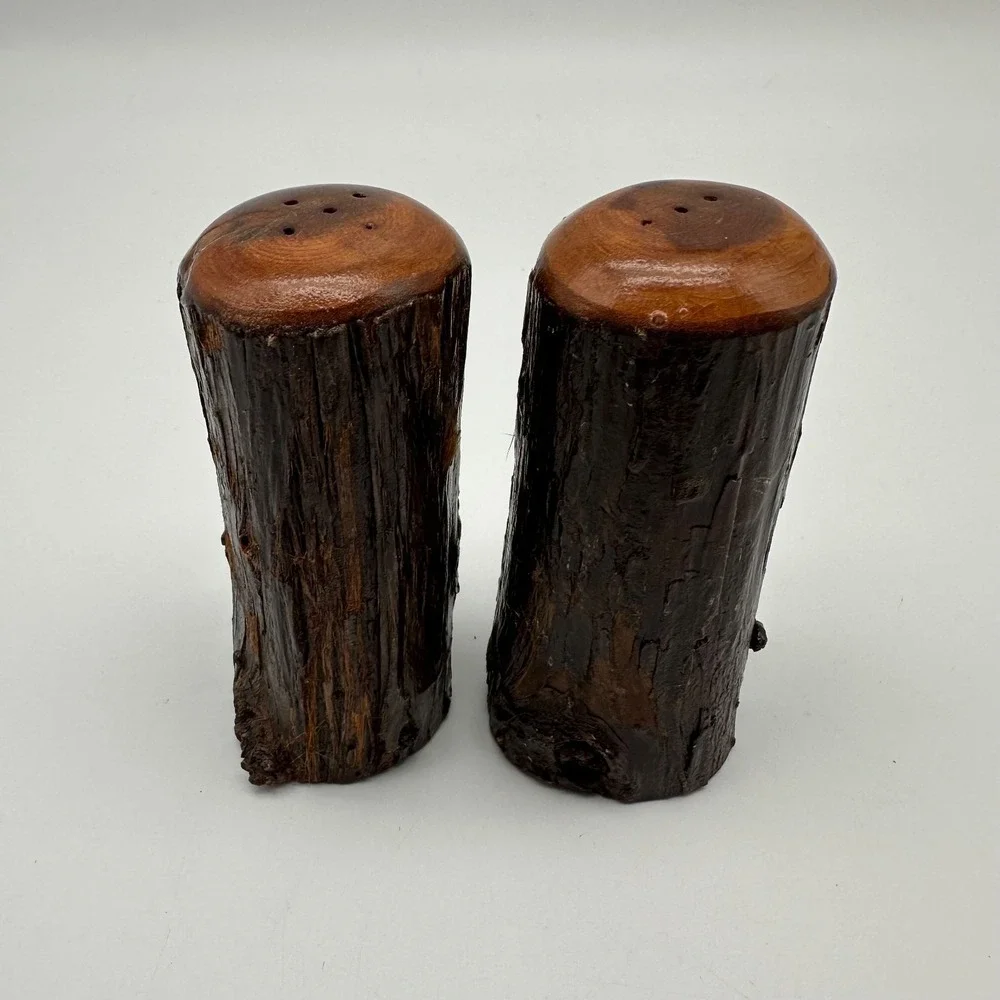 Vintage Wood Tree Branch Bark Salt‎ & Peppers Shakers